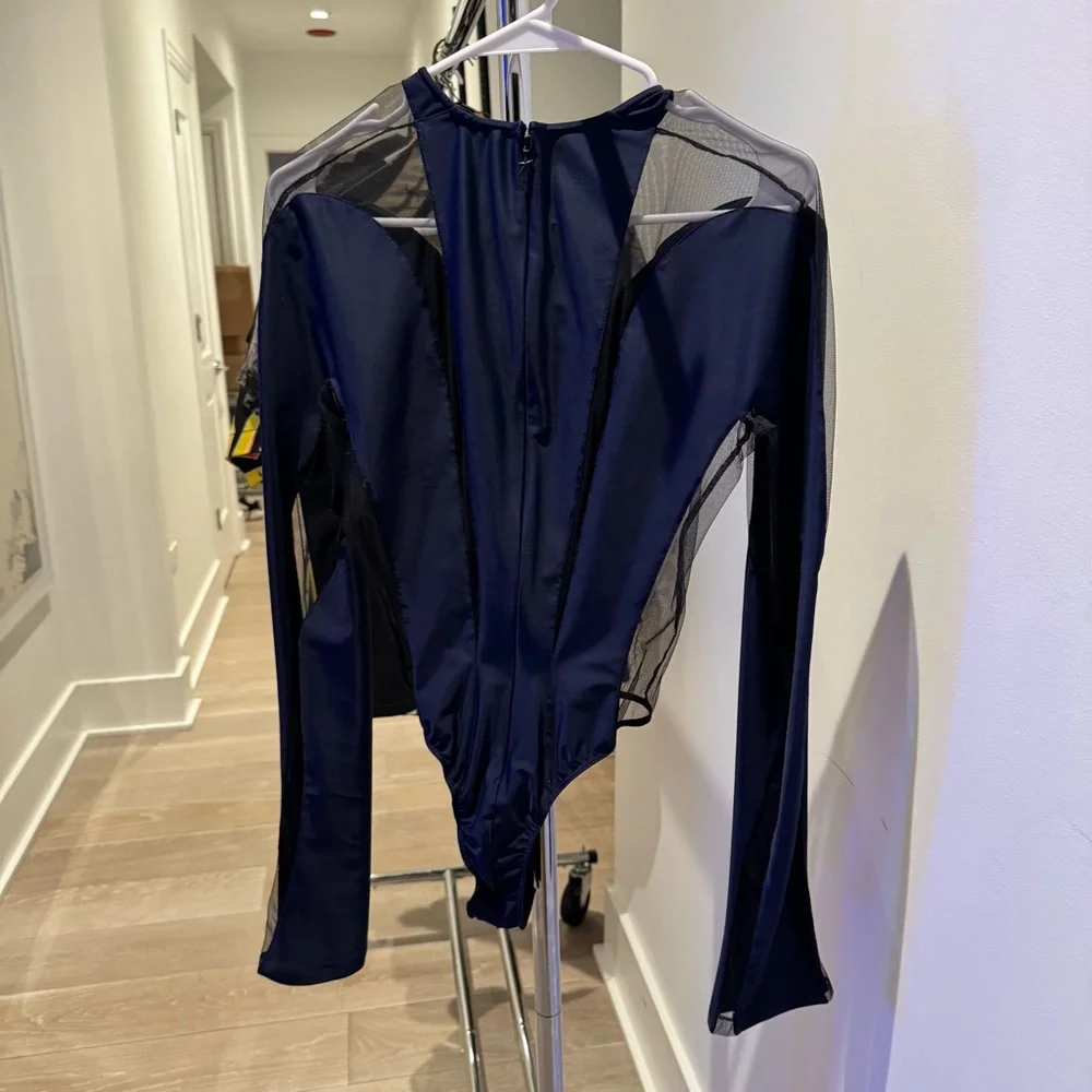 Mugler Illusion Sheer-Detail Bodysuit in Midnight Blue - Picture 4 of 5